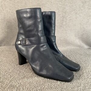 Vintage Y2K Markon Womens Dark Navy Blue Leather Ankle Boots 7.5  Square Toe